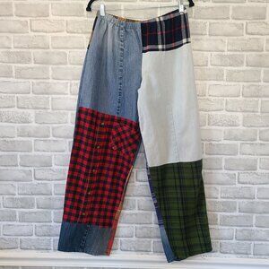 American Recycled Clothing Upcycle Denim Flannel Pieced Pants NEW Large Boho Eco